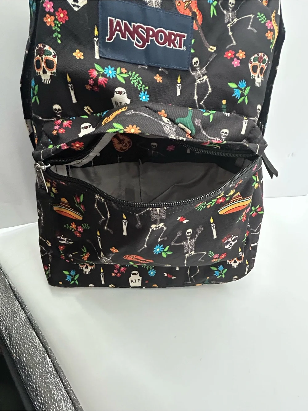 Jansport Black Backpack with Colorful Day of the Dead Motif